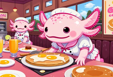 pikaole of, axolotl chef, in a breakfast diner, flipping pancakes and eggs, wearing a diner uniform, cozy and retro atmosphere, the axolotls have pink frilly gills and round black eyes