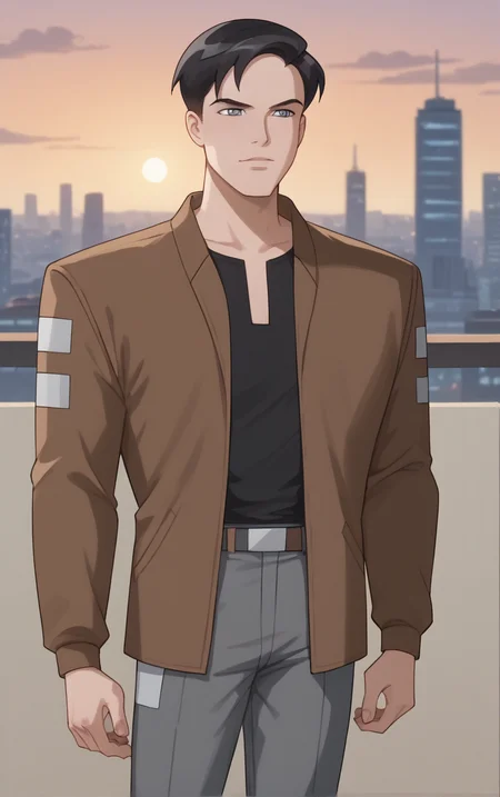 score_9, score_8_up, score_7_up, BREAK
BrownJacket_TerryMcGinnis_ownwaifu,
1boy, black hair, grey eyes, short hair, bangs,
bomber jacket, brown jacket, popped collar, black shirt, open jacket, long sleeves, belt, pants, grey pants, brown coat, collared shirt,
(contrapposto, hand on hip), sunset, sidelighting, cityscape, vanishing point, outdoors, depth of field, solo,
<lora:PONYXL_DC_BatManBeyond_TerryMcGinnis_ownwaifu_r1:0.85> , depth of field,
,