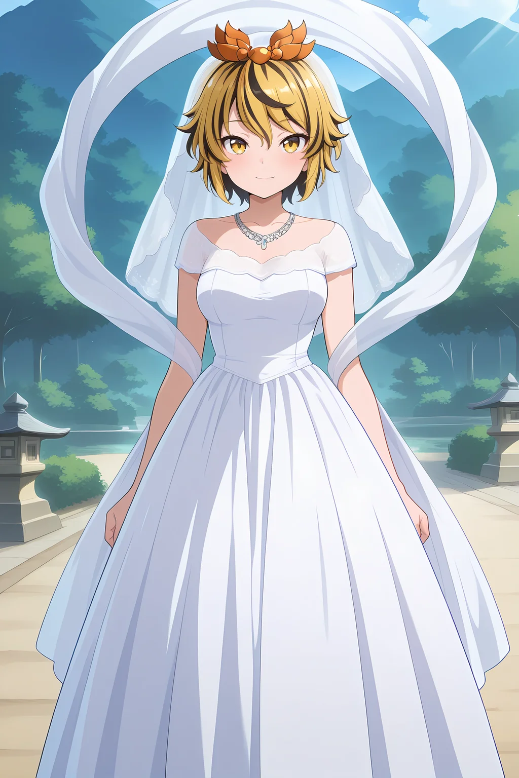 absurdres, highres, masterpiece, best quality, amazing quality, official anime artwork, screencap, anime screencap, outdoors, looking at viewer, light smile,
<lora:Shou-Toramaru_Illustrious:1> toramaru shou, 1girl, solo, two-tone hair, blonde hair, black hair, yellow eyes, short hair, streaked hair,, alternate costume, hagoromo, shawl, golden tiara, silver necklace, veil, wedding dress, white dress, long dress,
