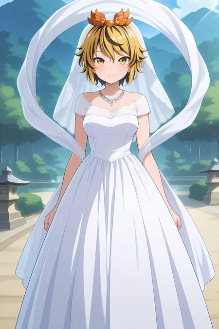 absurdres, highres, masterpiece, best quality, amazing quality, official anime artwork, screencap, anime screencap, outdoors, looking at viewer, light smile, 
 <lora:Shou-Toramaru_Illustrious:1> toramaru shou, 1girl, solo, two-tone hair, blonde hair, black hair, yellow eyes, short hair, streaked hair,, alternate costume, hagoromo, shawl, golden tiara, silver necklace, veil, wedding dress, white dress, long dress,