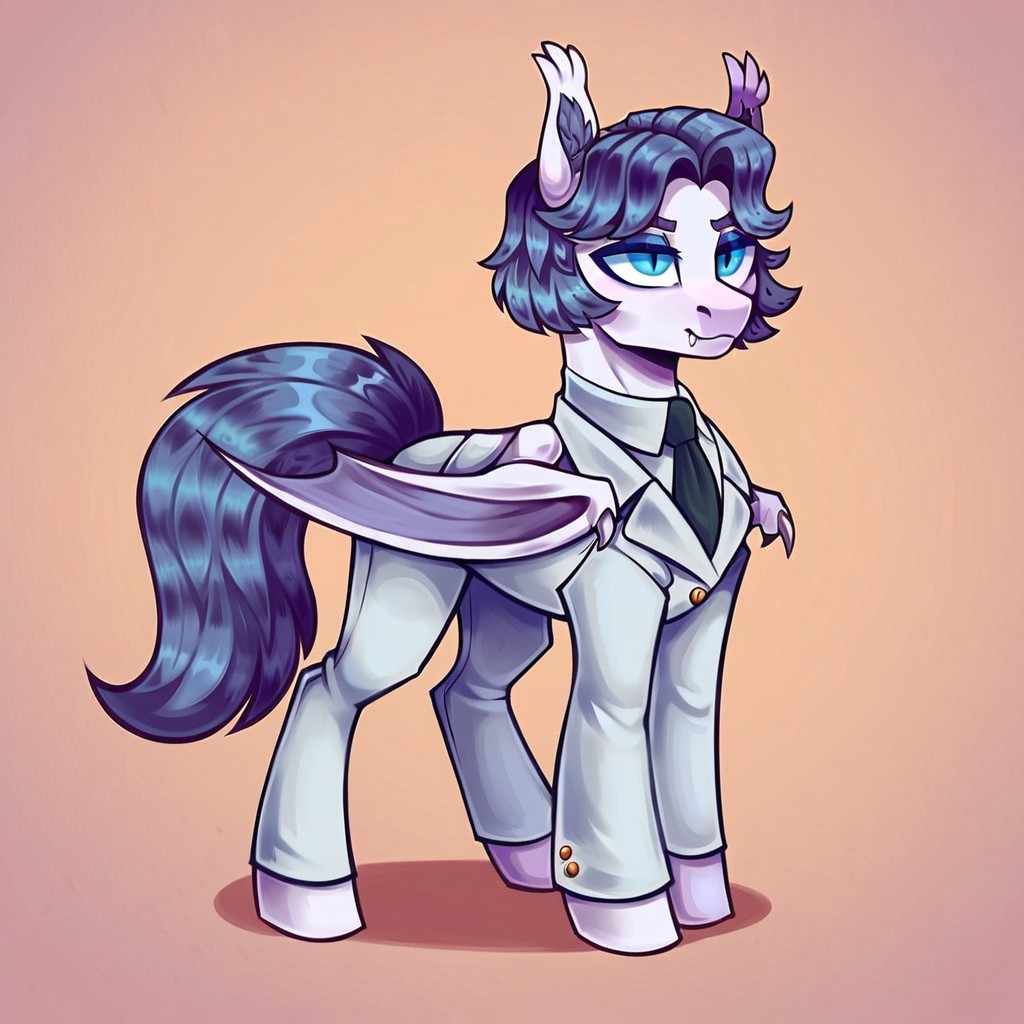 score_9_up, score_8_up, score_7_up, score_6_up, (best quality:1.1), ultra-detailed, high resolution, solo BREAK Armed_Sage, bat pony oc, mlp, feral, male, white fur, medium gray hair, fluffy ears, ear fluff, (beautiful blue eyes), long eyelashes, white bat wings, white military uniform, black tie BREAK standing, full body, simple background, highly visible, sharp focus, anatomically correct