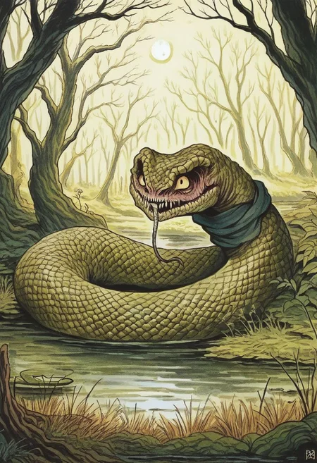 Score_9, in the style of Beatrix Potter, giant serpent in the swamp, serpent made out of wood, creepy moon