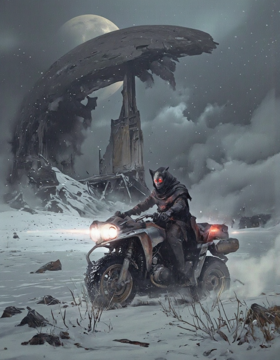 Art by Piotr JabÅoÅski. A digital illustration shoot from a front camera angle about a futuristic, anthropomorphic creature riding a futuristic vehicle in a stormy landscape. the image also shows a dark, ominous atmosphere with a large moon in the sky and a desolate, ruined structure in the background. on the middle of the image, a male, who appears to be in his mid-twenties, wearing a black, hooded cloak with glowing red eyes, is sitting on a four-wheeled, off-road vehicle. the vehicle has a sleek, metallic design with a low-tied frame and large, angular headlights. the creature has a cat-like face and is positioned in the center of the frame, facing the viewer with a determined expression. the scene is set in a desolate landscape with snow-covered ground and a large, dilapidated structure looming in the distance. the overall mood is dark and foreboding, with a sense of danger and urgency.