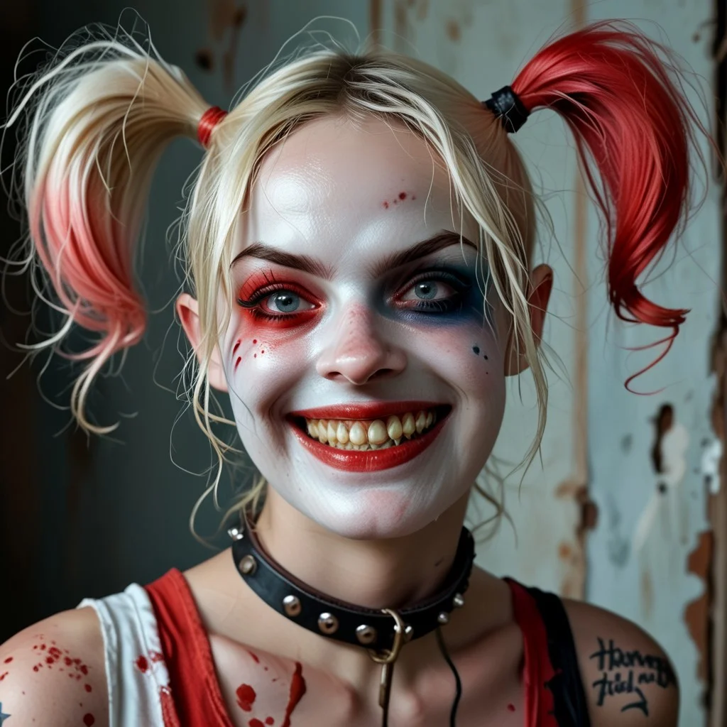 score_9, score_8_up, score_7_up anime Harley Quinn, now the haunting figure of Arkham Asylum, roamed the decaying halls with a sinister grin. Her laughter echoed through the empty corridors, sending shivers down the spines of the few who dared to enter. Armed with a blood-stained mallet and accompanied by a pack of feral hyenas, she hunted the souls of those who wronged her. The walls were covered in cryptic messages and eerie drawings, each one telling the tale of her twisted vendetta. Tonight, Harley was on a mission to lure the spirits of the asylum's past into a deadly game of hide and seek. Her doll-like face was a mask of macabre delight as she whispered to the darkness, 'Ready or not, here I come.'"