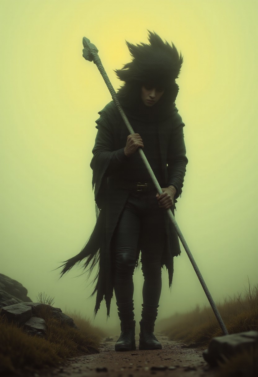 This image is a digital painting in a dark, dramatic style, depicting a solitary figure walking in a desolate, otherworldly landscape. The figure, shrouded in a dark, hooded cloak that obscures their face, is the central subject. The cloak appears tattered and worn, with a texture that suggests it's made of rough, heavy material, possibly fur or leather. The figure holds a long, ornate staff in their right hand, which is slightly bent, indicating they are walking. The staff is metallic and has intricate carvings or engravings, adding to the mysterious aura.
The background features a misty, pale landscape with a gradient of colors ranging from a light, almost yellowish hue at the top to a darker, muted green at the horizon, suggesting dawn or dusk. The terrain is rugged, with a mix of rocky outcroppings and sparse, greenish-brown grass that appears to be growing in patches.