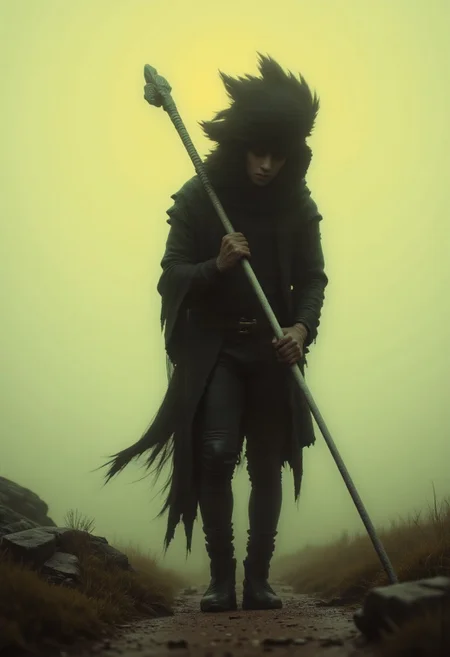 This image is a digital painting in a dark, dramatic style, depicting a solitary figure walking in a desolate, otherworldly landscape. The figure, shrouded in a dark, hooded cloak that obscures their face, is the central subject. The cloak appears tattered and worn, with a texture that suggests it's made of rough, heavy material, possibly fur or leather. The figure holds a long, ornate staff in their right hand, which is slightly bent, indicating they are walking. The staff is metallic and has intricate carvings or engravings, adding to the mysterious aura.
The background features a misty, pale landscape with a gradient of colors ranging from a light, almost yellowish hue at the top to a darker, muted green at the horizon, suggesting dawn or dusk. The terrain is rugged, with a mix of rocky outcroppings and sparse, greenish-brown grass that appears to be growing in patches.