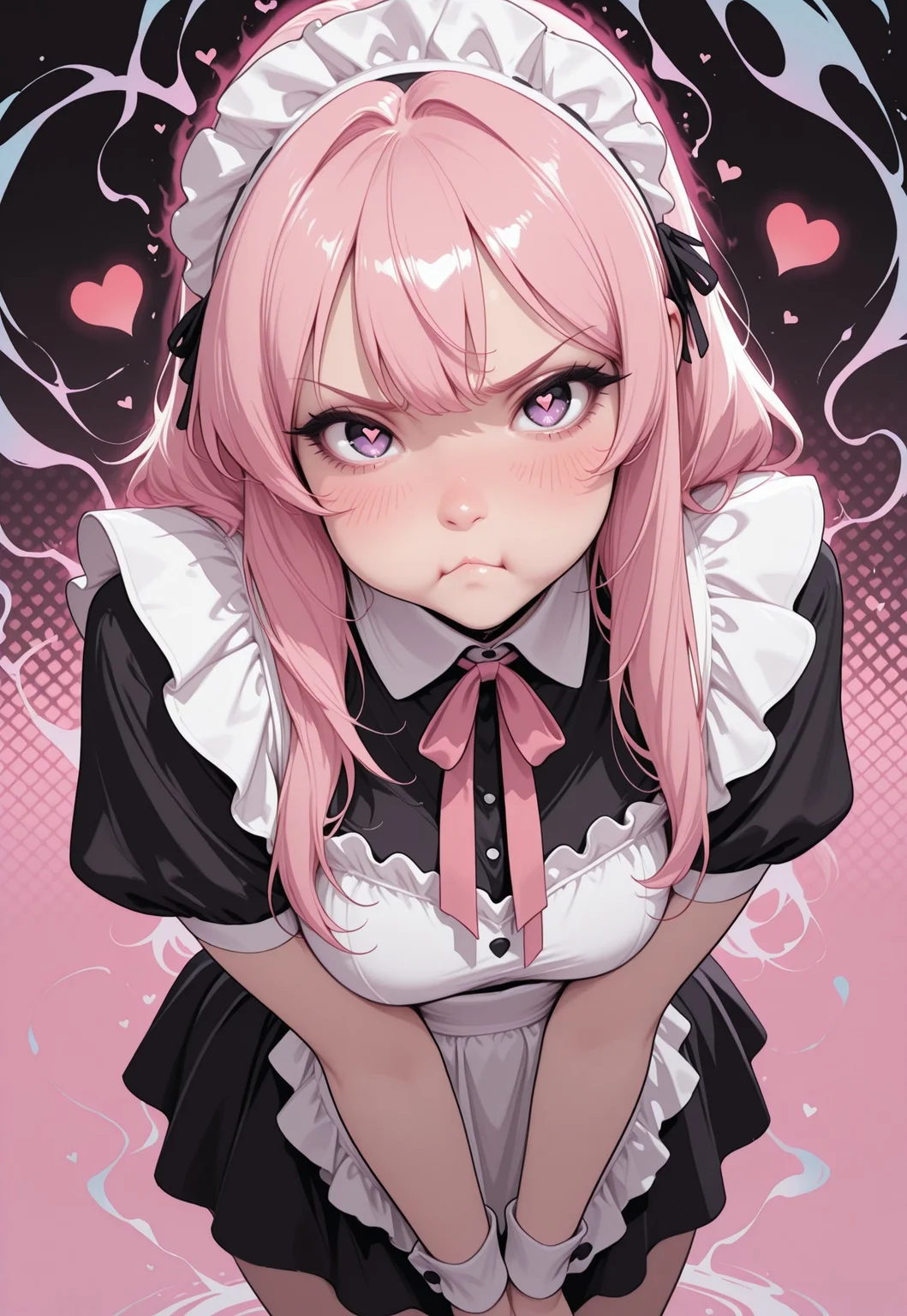 masterpiece, high_quality, highres, flat_colors, gradient,
long_lashes, blush, looking_at_viewer, dynamic_angle, cinematic, pout, uwu, hearts, halftone_background, pink_background, black_background, ethereal_aura