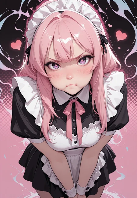 masterpiece, high_quality, highres, flat_colors, gradient, 
long_lashes, blush, looking_at_viewer, dynamic_angle, cinematic, pout, uwu, hearts, halftone_background, pink_background, black_background, ethereal_aura