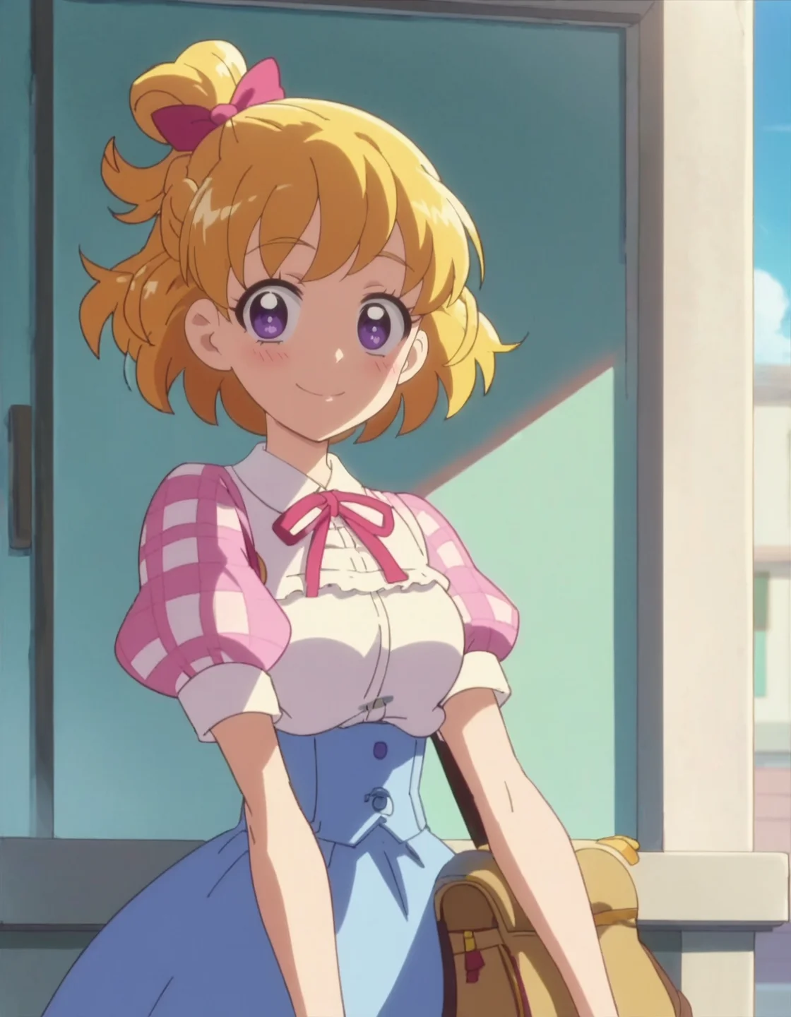 score_9, score_8_up, score_7_up, anime screencap, solo,1girl,asahinamirai, purple eyes,blonde hair,bow,neck ribbon,blue skirt,culotte skirt,puffy sleeves,cowboy shot,smile,blush,looking at viewer,medium breasts<lora:asahinamirai:0.8>