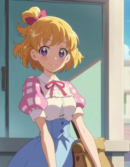 score_9, score_8_up, score_7_up, anime screencap, solo,1girl,asahinamirai, purple eyes,blonde hair,bow,neck ribbon,blue skirt,culotte skirt,puffy sleeves,cowboy shot,smile,blush,looking at viewer,medium breasts<lora:asahinamirai:0.8>