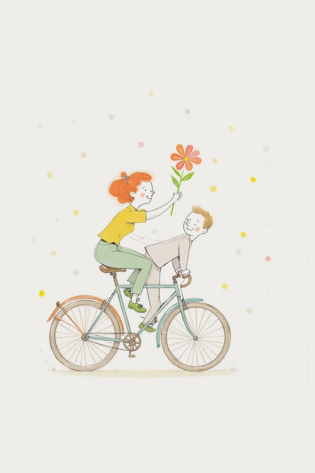 al1ca Illustration. 
qub1. Scene of a couple riding a bicycle. The woman, with short, curly red hair in a ponytail, is wearing a yellow short-sleeved shirt, light green pants, and green shoes. She is sitting on the handle bar of the bicycle, turning her head to look back at the man, She is holding a flowers up into the air. The man is riding the bicycle and staring at the woman.  <lora:al1ca1_cap_d6a3e11:1.0><lora:828092552767865075:0>