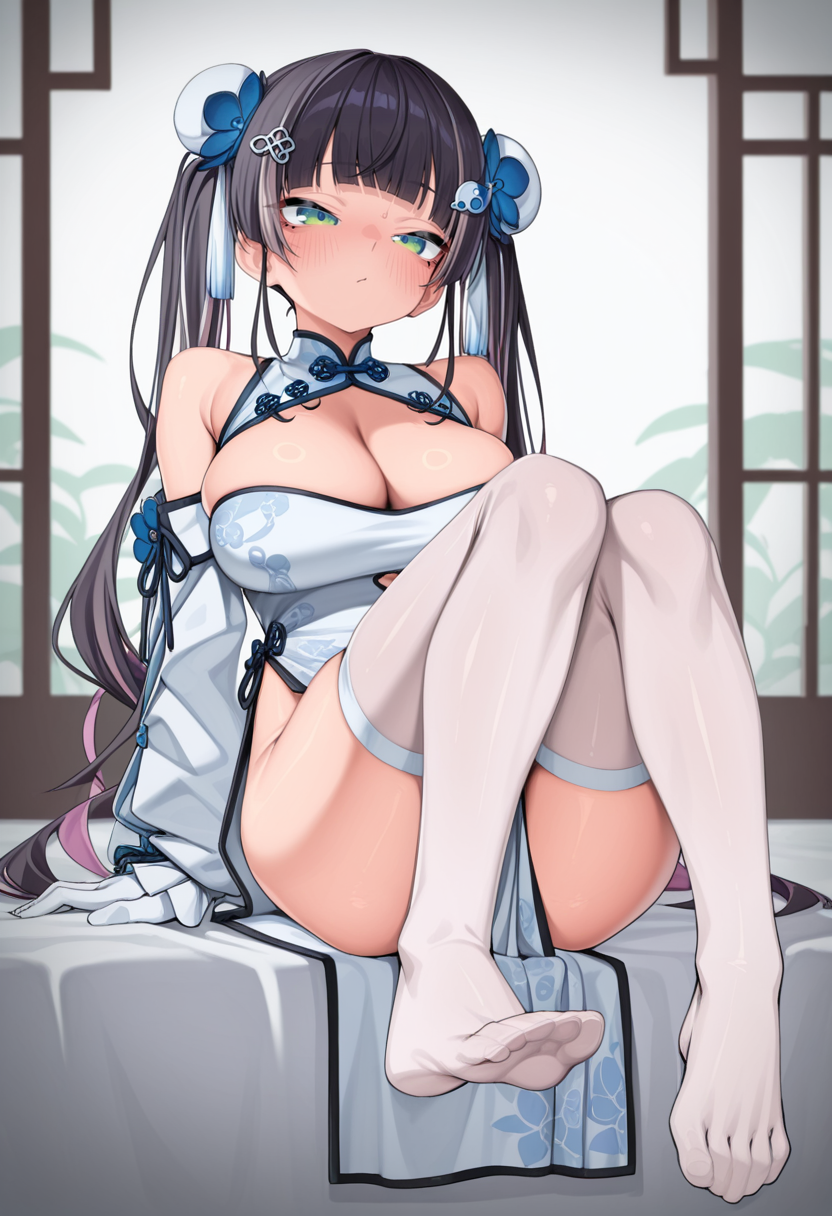 masterpiece,best quality,amazing quality, zh4o_styl3, 1girl, virtual youtuber, long hair, large breasts, bangs, black hair, hair ornament, thighhighs, gloves, dress, cleavage, bare shoulders, twintails, sitting, full body, flower, detached sleeves, white gloves, blunt bangs, white dress, feet, white thighhighs, clothing cutout, no shoes, chinese clothes, cleavage cutout, china dress, pelvic curtain, <lora:Zhao190 Style v2_epoch_8:1>