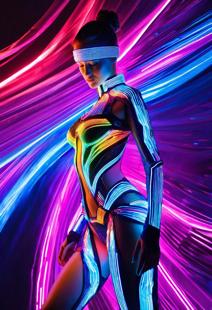 A hyper-realistic depiction of a lone girl, focusing on her upper body, adorned in an LED-inspired outfit that shimmers with a mesmerizing array of colors. The ensemble is intricately detailed, with circuits and microchips visible under a translucent, neon-lit fabric. Soft, ethereal lighting accentuates the subject's serene expression, set against a dark, gradient background that transitions from deep blues to purples, evoking a sense of futuristic elegance. The camera captures her from a slightly elevated angle, emphasizing the innovative, high-tech fashion that encapsulates her form, reminiscent of a digital painting with ultra-detailed textures and a vibrant, cyberpunk aesthetic.