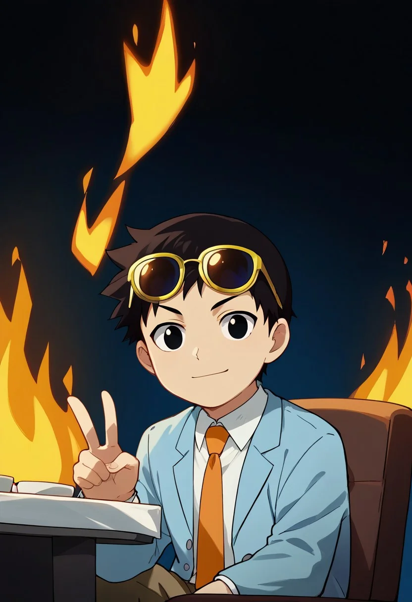 score_9, score_8_up, score_7_up, source_anime, show accurate, solo, 1boy, sexy boy, selim, black hair, black eyes, jacket, light blue jacket, shirt, white shirt, necktie, orange necktie, shorts, brown shorts, fastened clothes, eyewear on head, yellow sunglasses, polarized sunglasses, v sign, blue background, computer room, fire, sitting, burning, table, chair, cup, dutch angle, portrait, close up, (best quality:1.2) (insane quality:1.1)