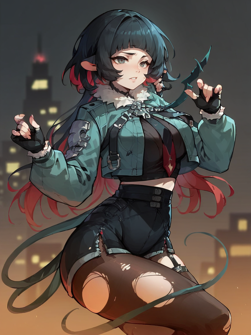score_9, score_8_up, score_7_up, score_6_up, score_5_up,   <lora:janedoeXLP:0.8> 1girl, jane doe, solo, rat ears, black hair, torn clothes, fingerless gloves, jacket, shorts, pantyhose, thighhighs, multicolored hair, curvy, large breasts, city,