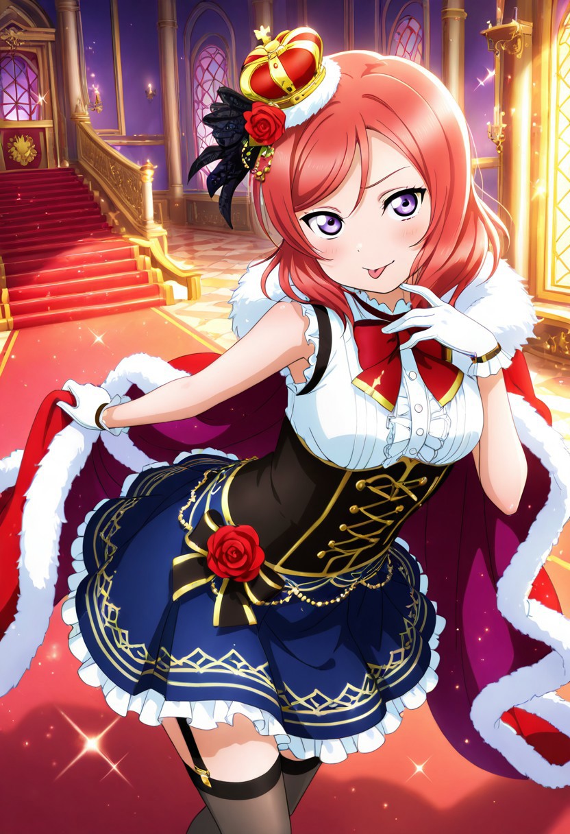 1girl, :p, artist_request, blue_skirt, bow, bowtie, cape, card, castle, corset, crown, flower, frills, fur-trimmed_cape, fur_trim, garter_straps, gloves, highres, indoors, leaning_on_object, looking_at_viewer, love_live!, love_live!_school_idol_festival, love_live!_school_idol_festival_all_stars, love_live!_school_idol_project, nishikino_maki, official_art, playing_card, purple_eyes, red_flower, red_hair, red_rose, rose, skirt, sleeveless, solo, sparkling_eyes, stairs, throne, throne_room, tongue, tongue_out, underbust, white_gloves