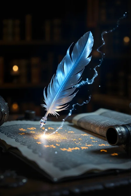A hyper-realistic close-up of an enchanted quill, its feather shimmering with a soft, pearlescent glow in shades of blue and silver. The quillâs tip is made of fine crystal, sparkling as it hovers just above a parchment covered in glowing, golden runes. The background is a blurred, dimly lit study filled with ancient books and scrolls, creating a warm, scholarly atmosphere. Semi-transparent wisps of magical energy coil around the quill, enhancing its ethereal quality. Realistic shading and highlights emphasize the softness of the feather, with subtle variations in color that catch the light. The crystal tip of the quill refracts light, creating a delicate prism effect on the parchment. One glowing rune pulses faintly as the quill hovers, poised to continue writing its mystical script.<lora:aidmaMJ6.1-FLUX-V0.1:0.6><lora:Movie_Portrait><lora:Flux DetailerV2>