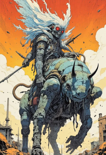 Ultra high detail comic book artwork of a man in sleek, futuristic armor with intricate etchings, gripping a glowing lance radiating ethereal blue light. The man’s face is partially obscured by a flowing cloth mask, adding a mysterious allure. He is mounted on a massive robotic rhinoceros beetle with intricate mechanical details, articulated limbs, and glistening metal wings. The setting is a vast desert environment, the horizon shimmering with heat haze under an intense sun. Shadows from dunes add depth and contrast. Comic book style