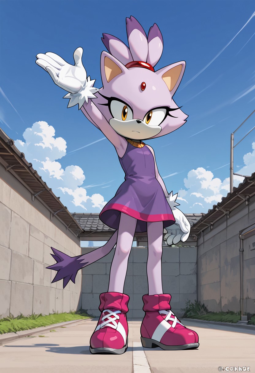score_9, score_8_up, score_7_up, ASCII score_9, source_anime, 8K,best quality, hyper detailed,masterpiece, UHD,illustration, sky, blue sky,(Cover-style: 1.3), Detailed background, detailed background, outdoor, sky, cloud, wind, day, blaze the cat, 4outfit, 1girl, solo, gloves, furry female, animal ears, furry, tail, animal nose, forehead jewel, white gloves, closed mouth, cat ears, cat girl, full body, standing, cat tail, dress, pink footwear, hair tie, sleeveless, looking at viewer, shoes, sleeveless dress, topknot, flat chest, arm up
