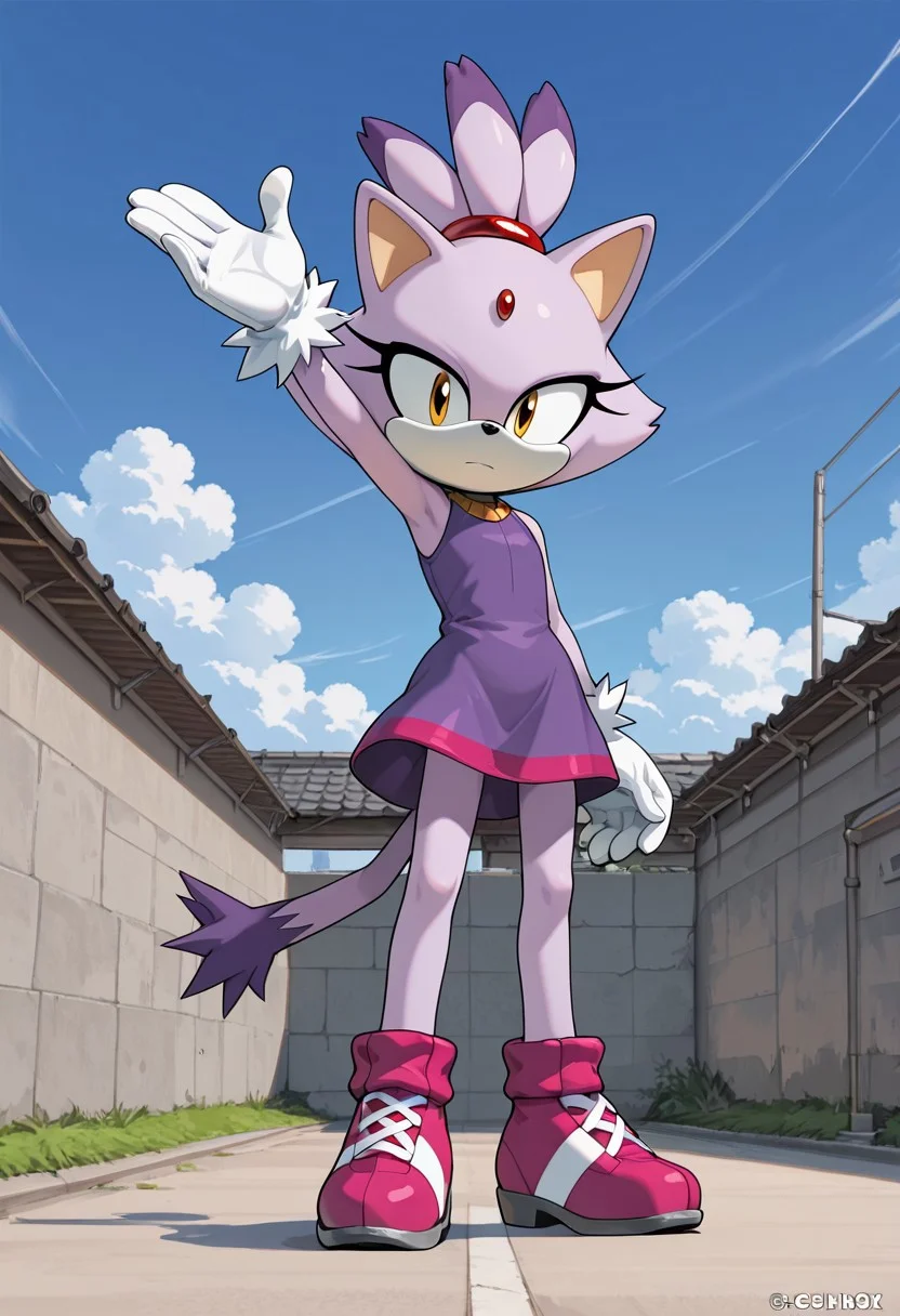 score_9, score_8_up, score_7_up, ASCII score_9, source_anime, 8K,best quality, hyper detailed,masterpiece, UHD,illustration, sky, blue sky,(Cover-style: 1.3), Detailed background, detailed background, outdoor, sky, cloud, wind, day, blaze the cat, 4outfit, 1girl, solo, gloves, furry female, animal ears, furry, tail, animal nose, forehead jewel, white gloves, closed mouth, cat ears, cat girl, full body, standing, cat tail, dress, pink footwear, hair tie, sleeveless, looking at viewer, shoes, sleeveless dress, topknot, flat chest, arm up