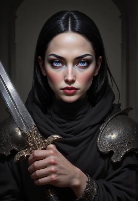 Digital art, photorealistic, half-body portrait, cinematic action shot of a beautiful female warrior holding a sword wearing armor, dungeon background, cinematic realism, high action pose, perfect pupils, insanely detailed faces, correct digits, realistic skin, perfect expressive eyes, perfect pupils, Stunning visuals, Texture, beautiful face features, dynamic, hkstyle, aidmafluxpro1.1, perfection style