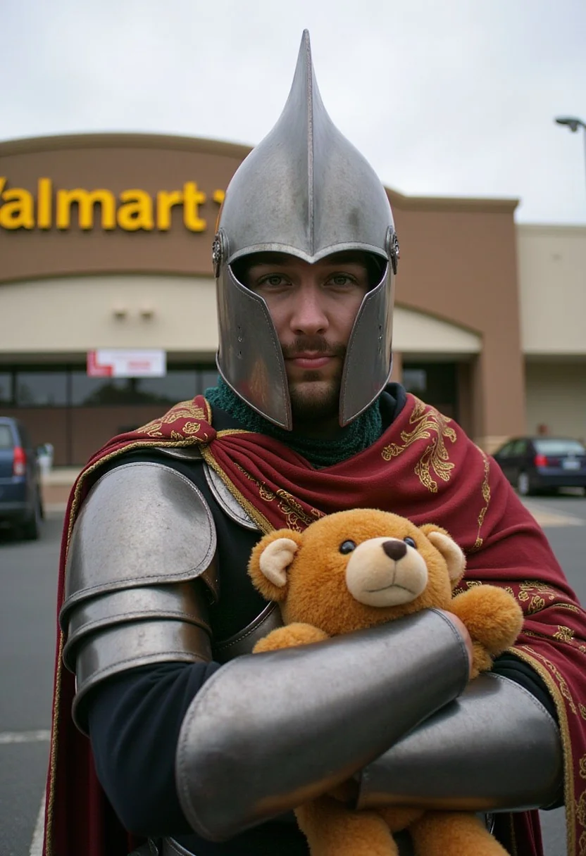 Selfie of paladin templar in full plate armor and tabard, helmet with visor, holding a cute bear doll, in front of Walmart,taken by Kodak MC3 camera,ultra wide lens