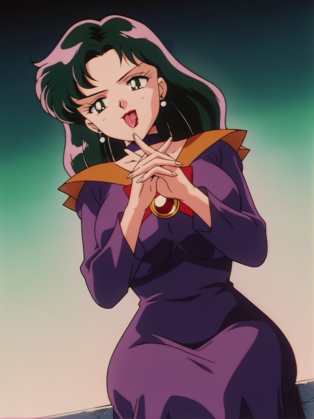score_9, score_8_up, score_7_up,, screencap, anime coloring, retro artstyle, 
1girl, (EvilQueenXL), green eyes, black coif, cape, long sleeves, purple dress, robe, jewelry, crown, makeup, red lips, large breasts, wide hips,
naughty face, dutch angle, naughty pose, looking at viewer, outdoors, solo, dynamic pose, cowboy shot, head tilt, dark theme, sitting, own hands together, hands between legs, tongue out, saliva, squeezing breast, from below, from side,
 <lora:ASailorTominagaXL_style:1>, SailorMoonXL