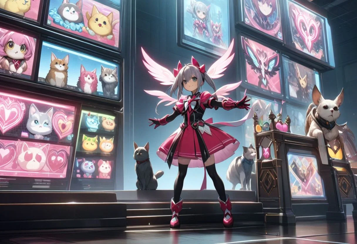 best quality, high resolution, a display stand for a magical girl with details of cute pets