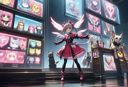 best quality, high resolution, a display stand for a magical girl with details of cute pets
