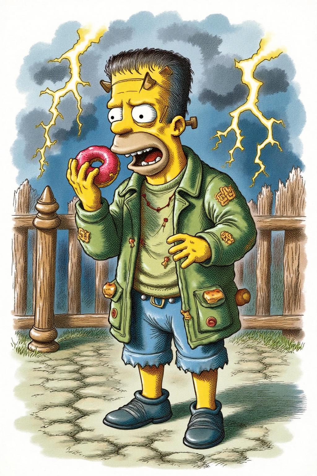 joten1 illustration.
Homer Simpson dressed as Frankenstein, eating a doughnut during a thunderstorm  <lora:joten1_cap_d6a3e12:1.0><lora:821778959432845155:0>