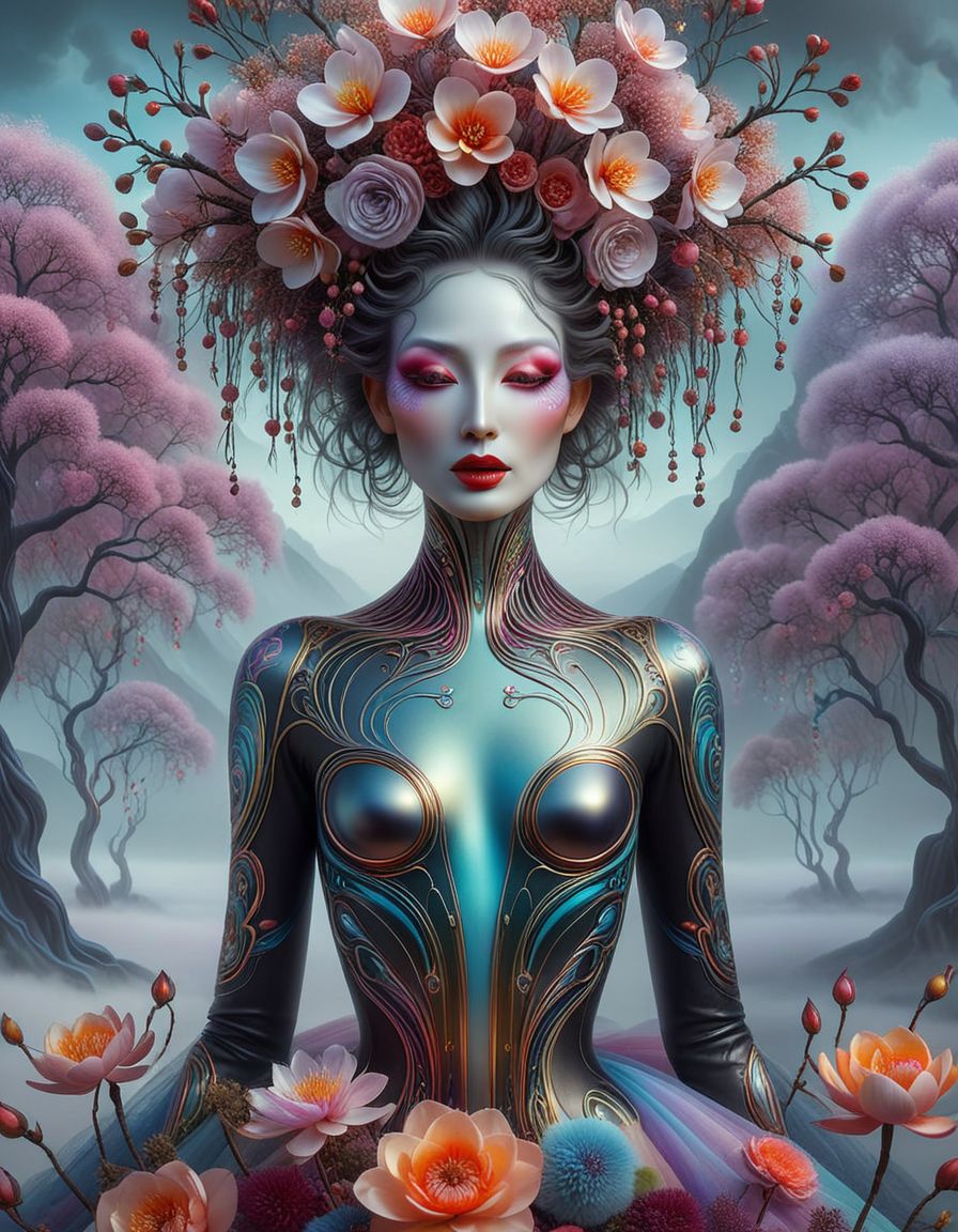 Majestic willow tree centerpiece, vibrant blossoms, surreal landscape, Dali-inspired twist, confusion and improbability, robotic elements, metallic finish, luxart intricate style, dreamlike aura, Anna Dittmann's influence, dark elegance by Tom Bagshaw, symmetrical face, fractal patterns, wisps of smoke, misty atmosphere, Nikon D850 capture, 8K resolution digital painting, hyper-realistic fantasy, ultra-detailed 4K 3D rendering., painting<lora:luxart:1>