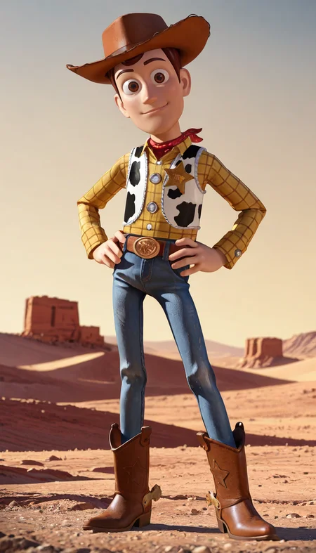 masterpiece,best quality,absurdres,newest,perfect quality,best quality,absolutely eye-catching,detailed background,male focus,<lora:Toy Story - Sheriff Woody - Illustrious-000006:0.7>,s_woody,1boy,animate object,brown hair,brown eyes,cowboy hat,red bandana,yellow shirt,long sleeves,vest,belt,jeans,cowboy boots,sheriff badge,head tilt,looking at viewer,slim,desert, hands on own hips, toy story