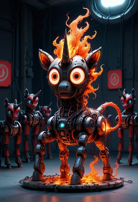 evi@decrepPunk, unicorn, mechanical unicorn with fire aura, fazing through a electrified streaming rainbow, fire, flames, tehno machines, crowd of robots,