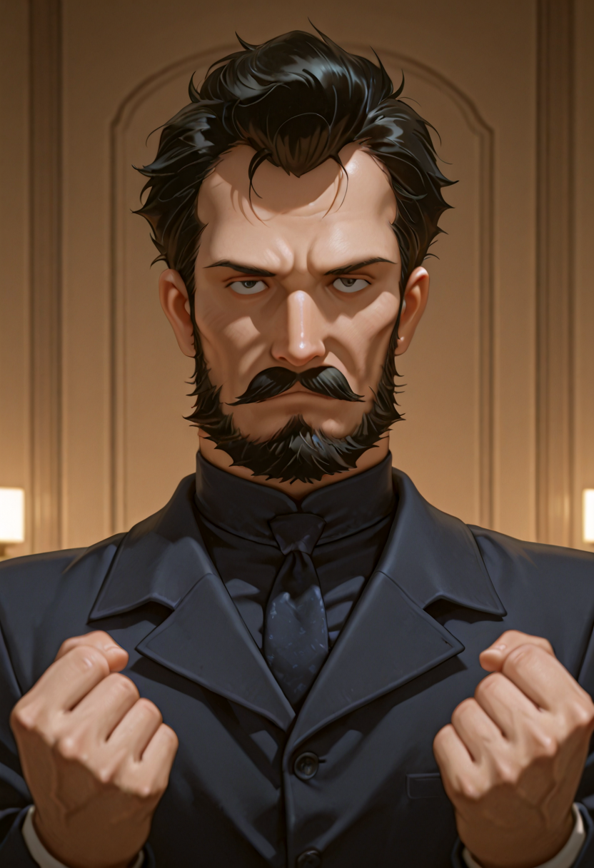 IllusP0s, masterpiece, best quality, amazing quality, very aesthetic, absurdres, newest, ((ultra detailed eyes:1.4)),((ultra detailed hair:1.4)),((Dynamic Angle))
BREAK
1boy,  ((male)), d31kun,ze0n_zum_d31kun,facial hair, mustache, beard, Sideburns, black hair, Short Hair,
Dark navy blue z_Speech_outfit, 
BREAK
On stage, indoors, speech, clenched fist, serious, big mouth,((upper  body))
 <lora:Astraia_Tor_Deikun_-_GUNDAM_THE_ORIGIN_-_100Percent_-_Manga06:1>