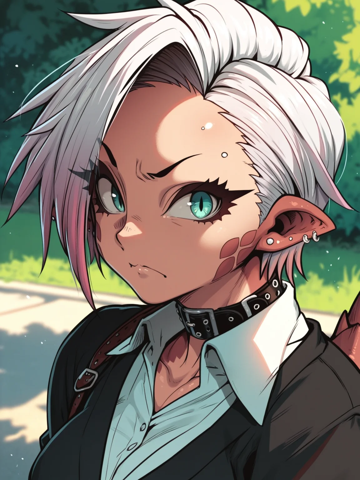 <lora:happy_tentacle-riza-v0.1-000036:1>, ht_riza, tail, ear piercing, earrings, belt collar, school uniform, outdoors , 1girl, solo, upper body , , (annoyed :1), , looking at viewer , standing , facing viewer , score_9, score_8_up, score_7_up, score_6_up, score_5_up, score_4_up