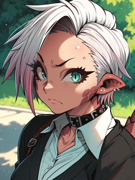 <lora:happy_tentacle-riza-v0.1-000036:1>, ht_riza, tail, ear piercing, earrings, belt collar, school uniform, outdoors , 1girl, solo, upper body , , (annoyed :1), , looking at viewer , standing , facing viewer , score_9, score_8_up, score_7_up, score_6_up, score_5_up, score_4_up