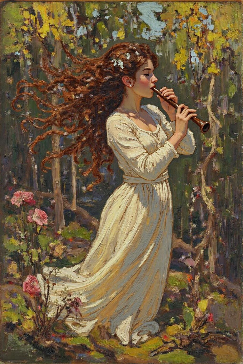 tomthom1 painting. 
artrack1 illustration.
The scene depicts a fantastical, dreamlike scene. In the foreground, a woman with long, flowing, curly hair and a flowing, off-white, long-sleeved dress is seen in profile. She is blowing into a flute, causing the hair to blow dramatically and curl around her head and body, creating an ethereal, swirling effect. The hair transforms into a cascade of leaves and flowers, blending into the natural elements around her.  <lora:tomthom1_cap_d6a3:1.0><lora:815468973870110372:0>