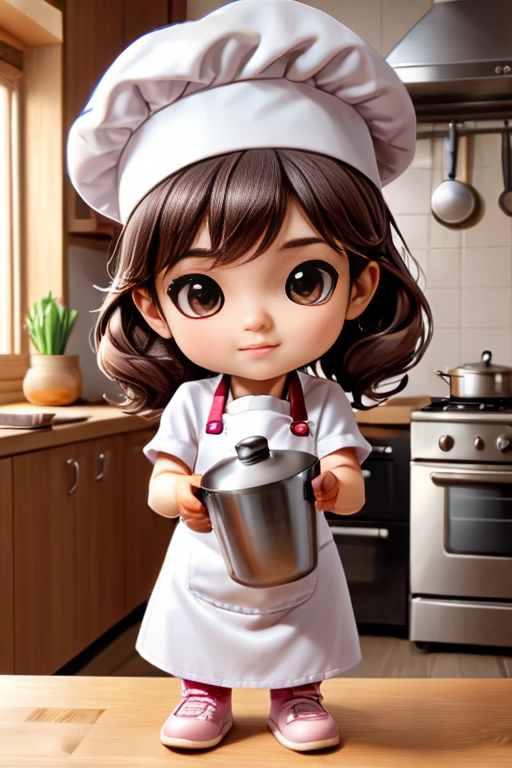 A little girl cook, chibi girl cook, girl cookwith , cute, <lora:zhibi:.8> little, tiny , chibi girl cookcute, photorealistic, girl cookwith a  roller in his hand,