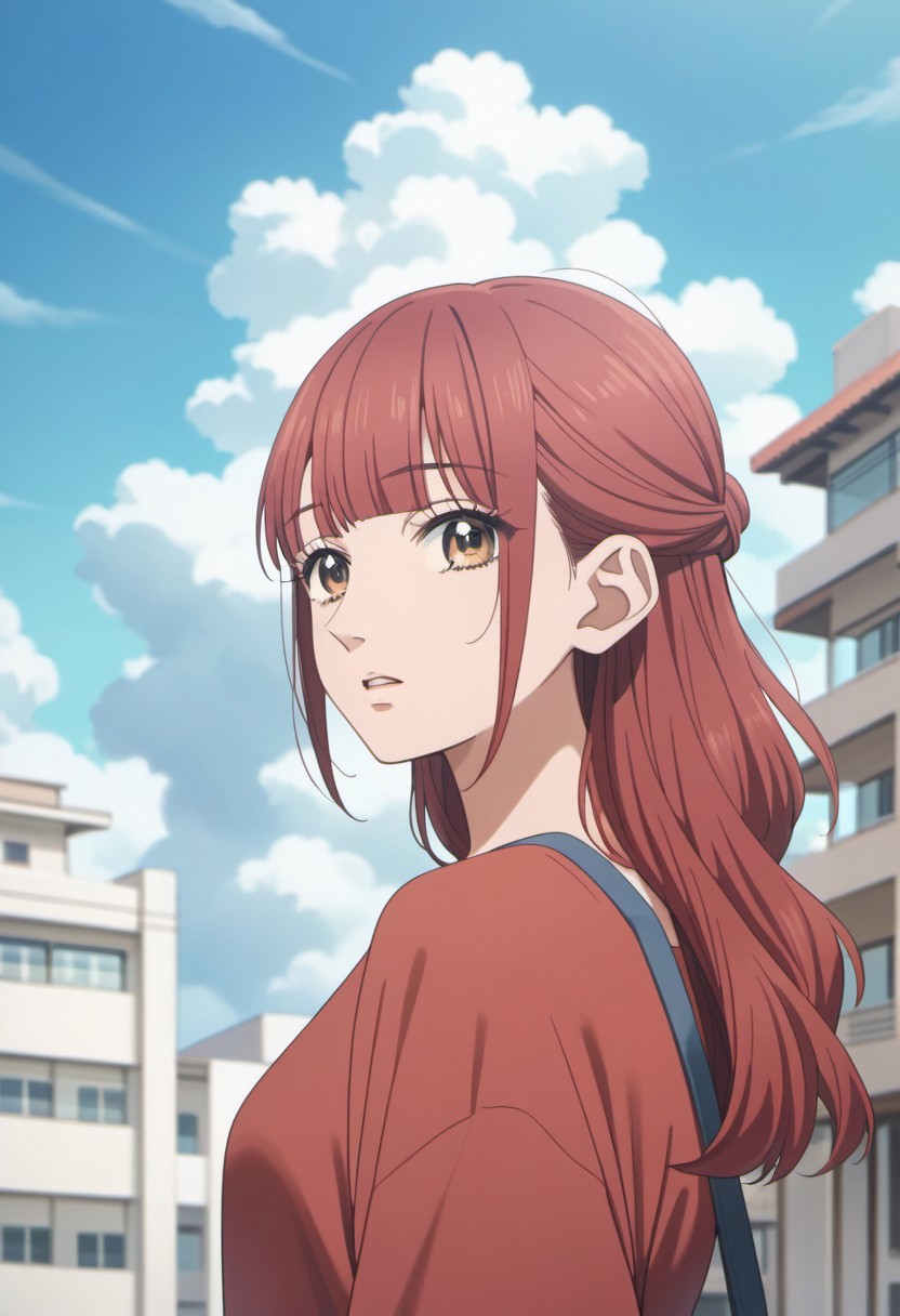 score_9, score_8_up, score_7_up, source_anime, kanno serina, red hair, long hair, brown eyes, 1girl, solo, sky, outdoors, looking at viewer, building, blue sky, cloud, day, parted lips, half updo, blunt bangs