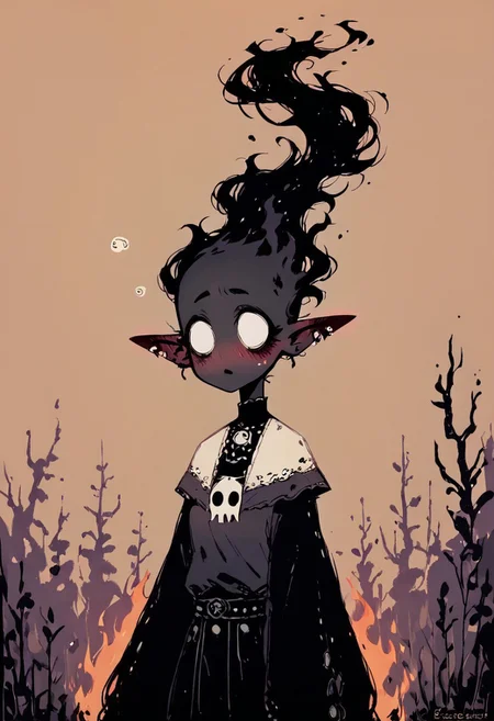 score_9, score_8_up, score_7_up, score_6_up, <lora:d4rkpurpXLP:0.8> d4rkpurp, FireHuman, black skin, black fire, empty eyes, white eyes, goth girl, elf, blush, trippy