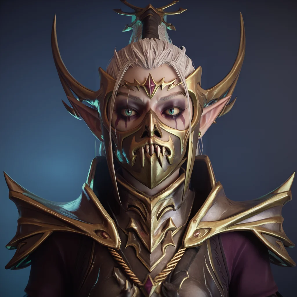 score_9, score_8_up, score_7_up, 3d,
DreadLord, elf, woman, solo, pale skin, white hair, helmet, mask,
<lora:Dark_Elf_Dreadlord_PonyXL_Total_War_Warhammer:0.8>