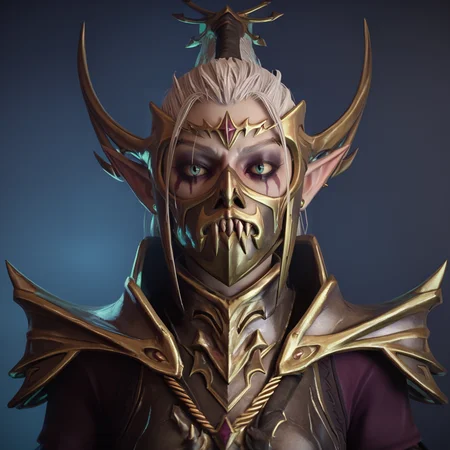 score_9, score_8_up, score_7_up, 3d,
DreadLord, elf, woman, solo, pale skin, white hair, helmet, mask,
<lora:Dark_Elf_Dreadlord_PonyXL_Total_War_Warhammer:0.8>