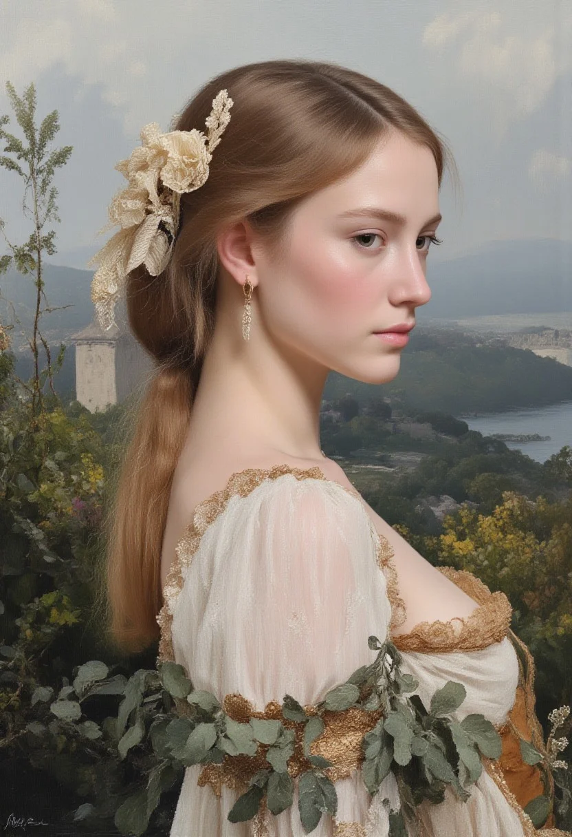 A portrait oil painting of a 25 year old Norwegian princess. She has medium breasts and puffy nipples showing above her corset. standing in front of a castle on the top of a hill overlooking the ocean. painted by John Singer Sargent. Oil paint with visible brush strokes, dry brush painting, novuschroma, in the style of Rembrandt. vantablack <lora:style_of_Rembrandt_FLUX_135:.8> <lora:- Flux1 - vanta_black_V2.0:.6> <lora:113_novuschromaFLX_1:.8>