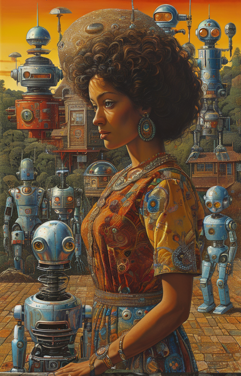 masterpiece,best quality,<lora:tbh376-sdxl:0.6>,illustration,style of Mati Klarwein, portrait of Housework robots