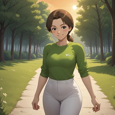 score_9, score_8, BREAK, solo, wii, mii, wii sports, 1girl, female mii, brown hair, brown eyebrows, black eyes, blush, light green clothing, white pants, shoes, breasts, nintendo mii, modern_mii, classic_mii, Masako_(Wii_Sports), cute, sexy pose, self portrait, smile, outdoors, sunlight, shadows, evening lighting, natural lighting, forest, trees, grass, orange sky, sunset