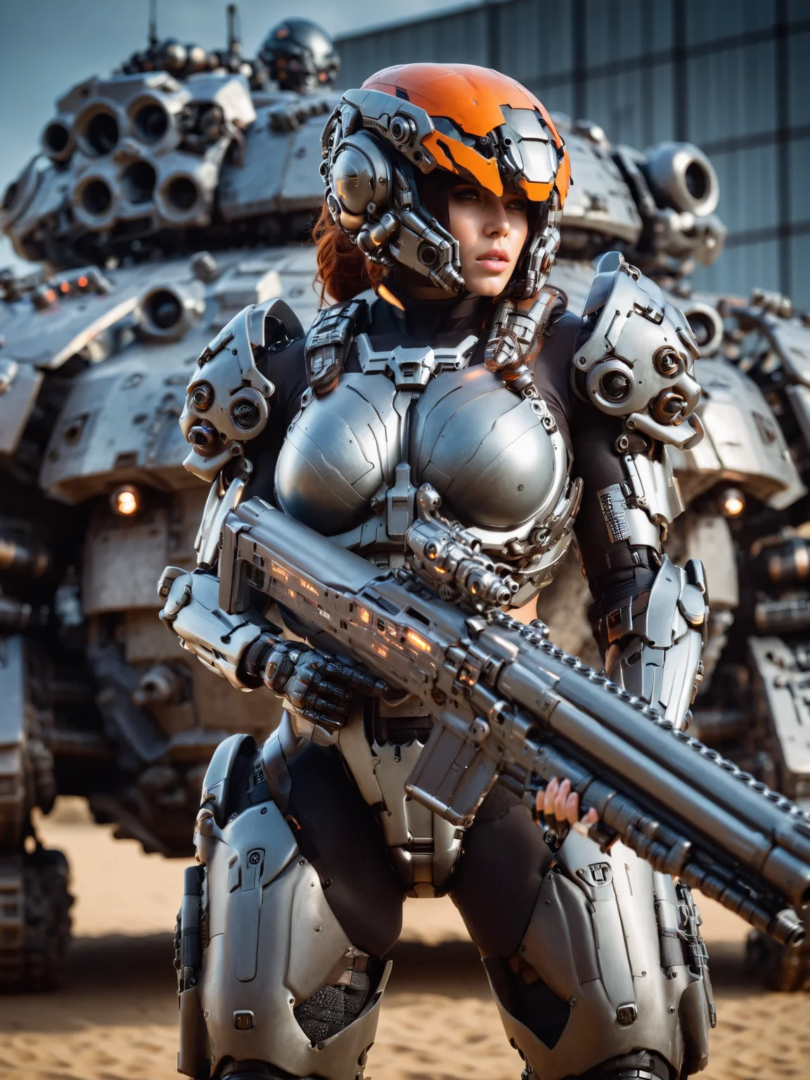 woman standing in front of tank holding gun, cyberpunk, heavy bodyarmor, helmet, orange visor, mad-hvybdyarmr, cinematic shot, dramatic lighting, masterpiece, best quality, ultra high res, (photorealistic, realistic:1.2), deep shadow, raw photo, film grain, Fujifilm XT3, 8k uhd, dslr