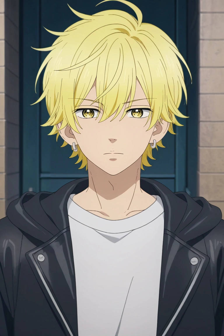 score_9, score_8_up, score_7_up, source_anime, rating_safe, , anime screencap, anime coloring, official style, , 1boy, solo, male focus, <lora:kai_miura_pony:0.98>, kai_miura, blonde hair, yellow eyes, short hair, bangs, hair between eyes, earrings, hood, , , leather jacket,, <lora:sdxl_lightning_8step_lora:1>