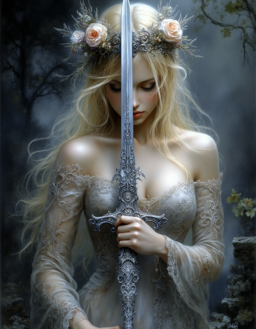 Ethereal Gothic Elegance, The image is a digital art piece that appears to be a fantasy or mystical scene. It features a woman with long blonde hair wearing a crown of flowers on her head holding a large sword with intricate designs on it. The sword is in the center of the image with the woman's face partially obscured by the sword. The background is dark and foggy with trees and rocks visible in the distance. The woman's expression is one of strength and power as if she is ready for battle. The overall mood of the piece is mystical and powerful., 1girl, weapon, sword, solo, long hair, closed eyes, blonde hair, flower, dress, tree