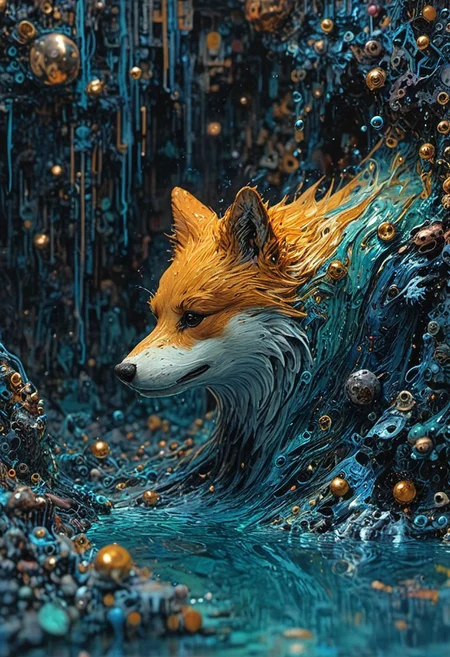 The composition includes water, (indoor,very wide isometric view) texture is clear, light refraction, corgi and water are not fuzzy, in hd, phone wallpaper size, hd, 32k minimalist alien race cybergoth fashion photography painting, in the style of teal and gold. in the background, tintricate stunning highly detailed, abstract, trippy, 60s style, op art, dark blues and blacks, patterns, hypnotic, art by careening into peace.