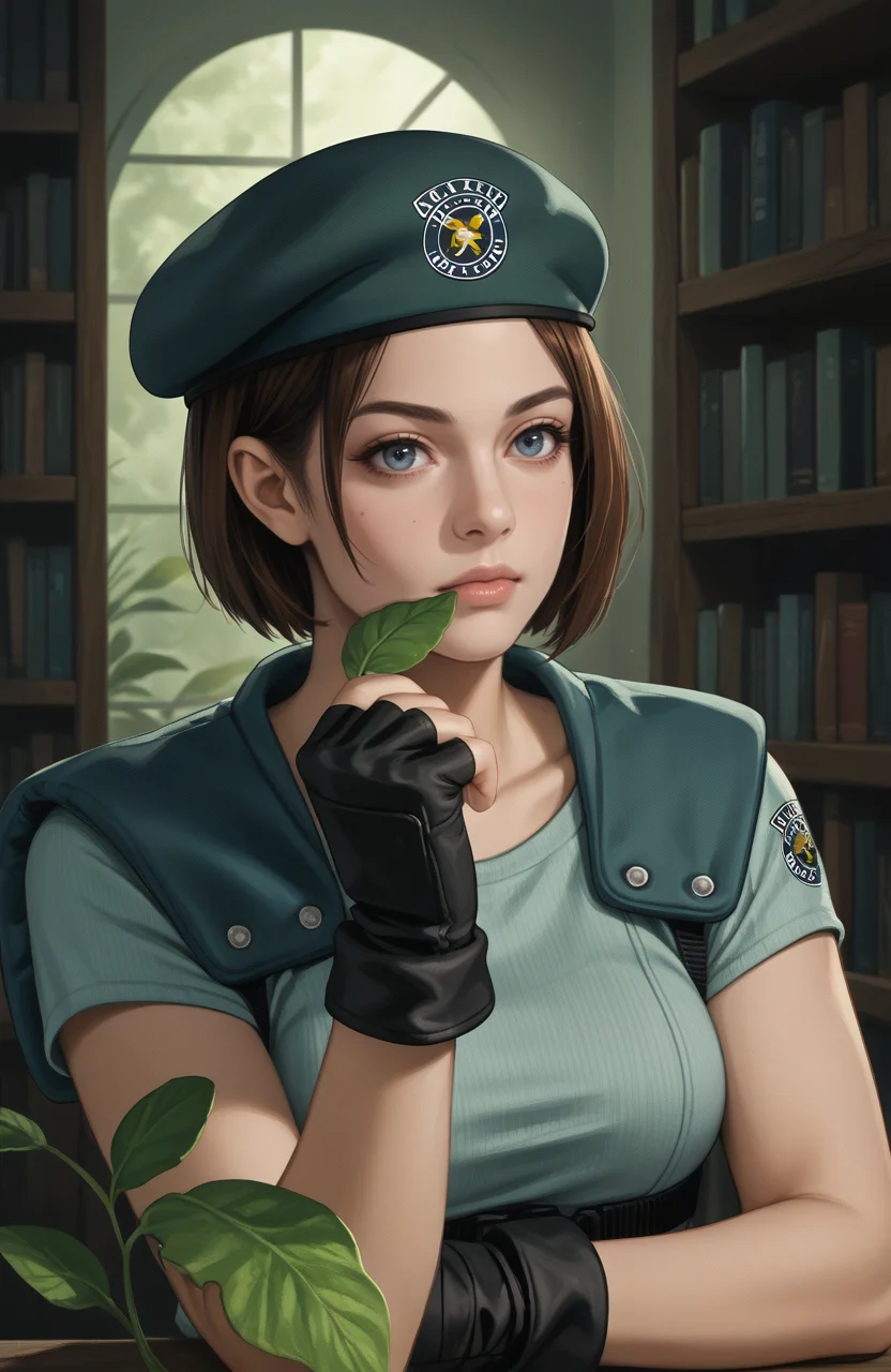 score_9, score_8_up, score_7_up, score_6_up, score_5_up, score_4_up, source_anime, realistic, photoshop \(medium\), <lora:REJill_t1-000022-128:1.0> RE1Jill, blue eyes, brown bob cut, beret, breasts, fingerless gloves
, eating leafy greens, library
, dark environment, mansion, indoors, moody lighting